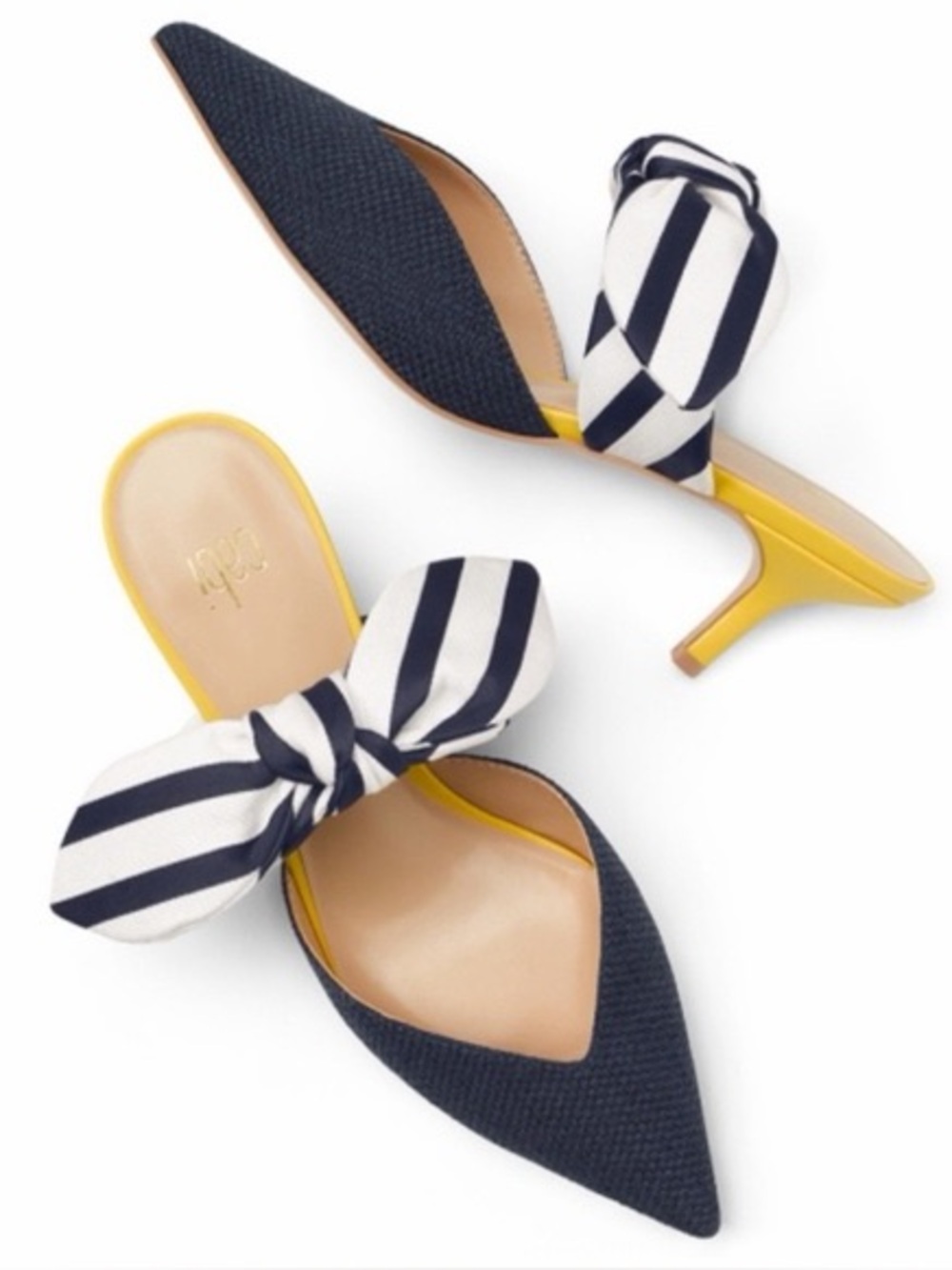 Cabi Navy Pointed Toe Bow Mule Heels Size 8 Striped Statement Kitten Heels